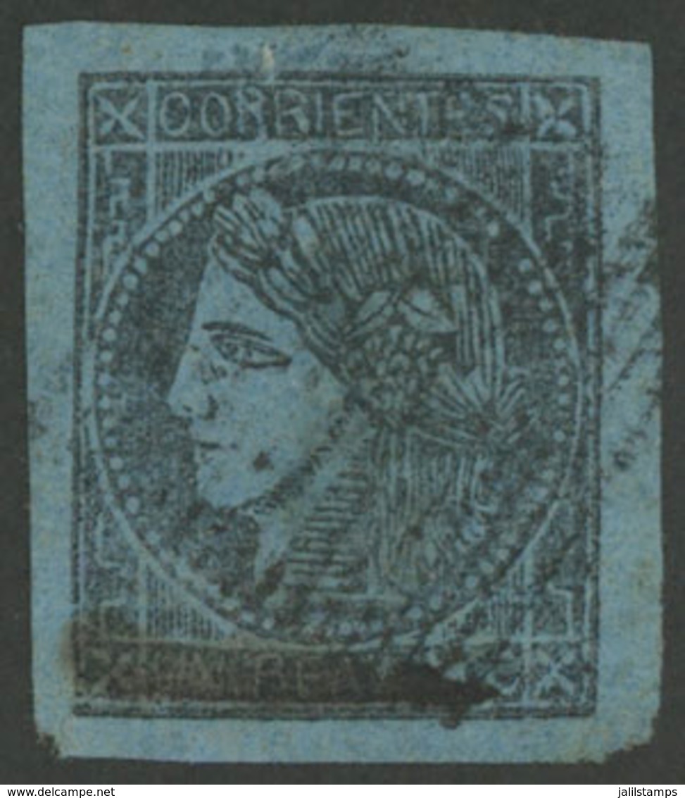 ARGENTINA: GJ.2, 3c. Blue With Goose Quill Stroke Through "Un Real", With Mute "16 Parallel Bars" Cancel Of Corrientes,  - Corrientes (1856-1880)