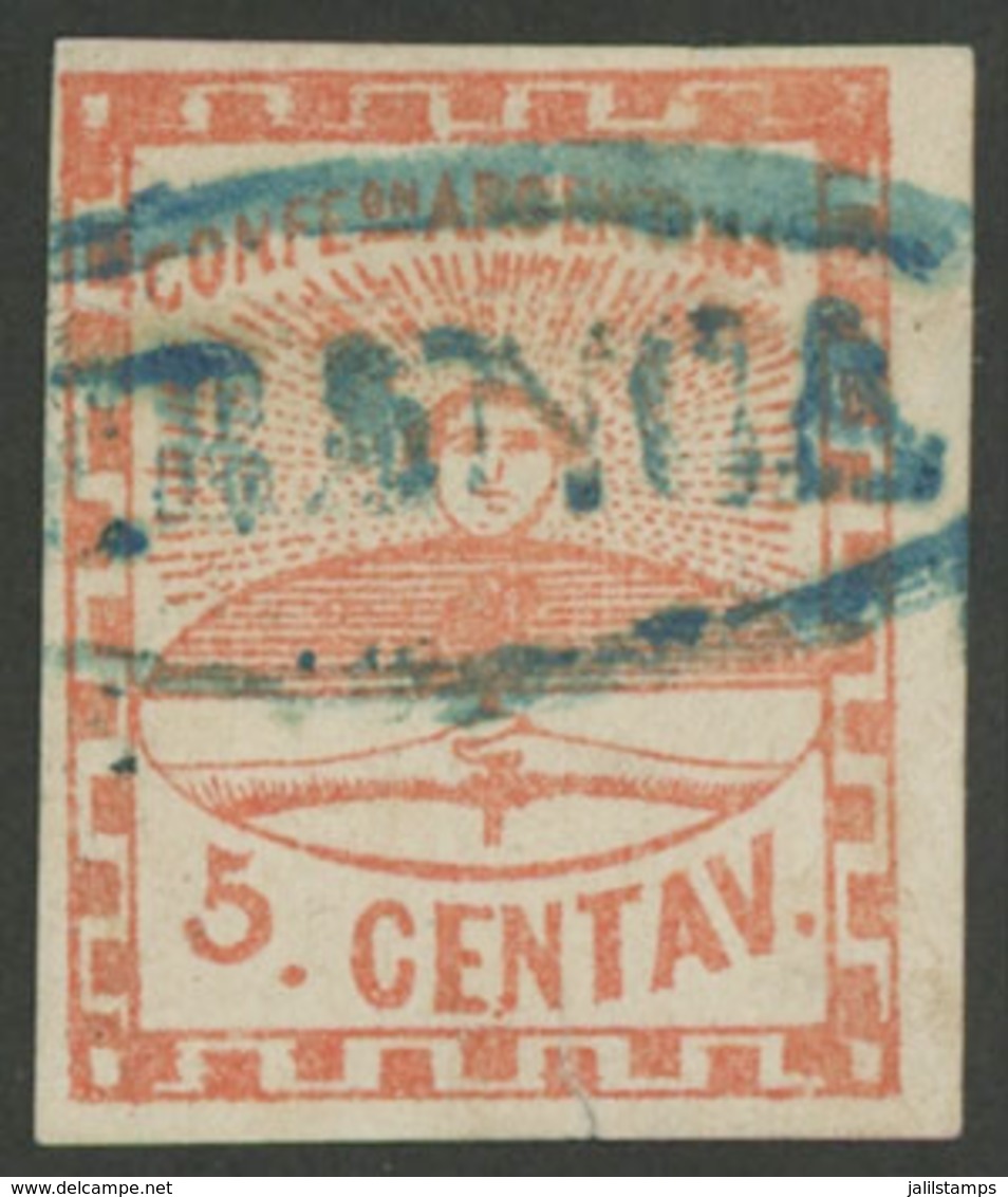 ARGENTINA: GJ.1, 5c. Small Figures, Handsome Example With Blue FRANCA Cancel In Oval, Of SAN LUIS (+450%), Excellent Qua - Used Stamps