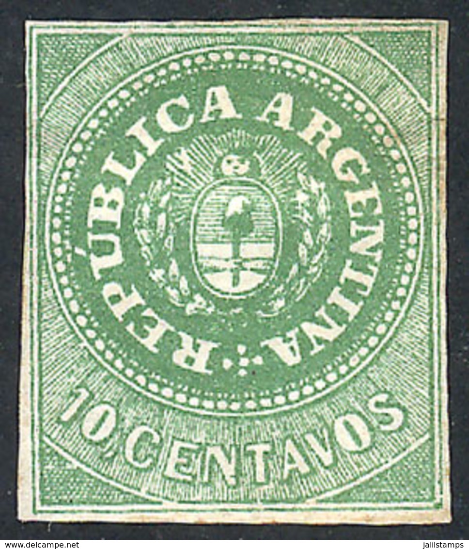 ARGENTINA: GJ.8a, 10c. GRASS GREEN, Mint Without Gum, Good Example, Rare! With Alberto Solari Certificate. - Other & Unclassified