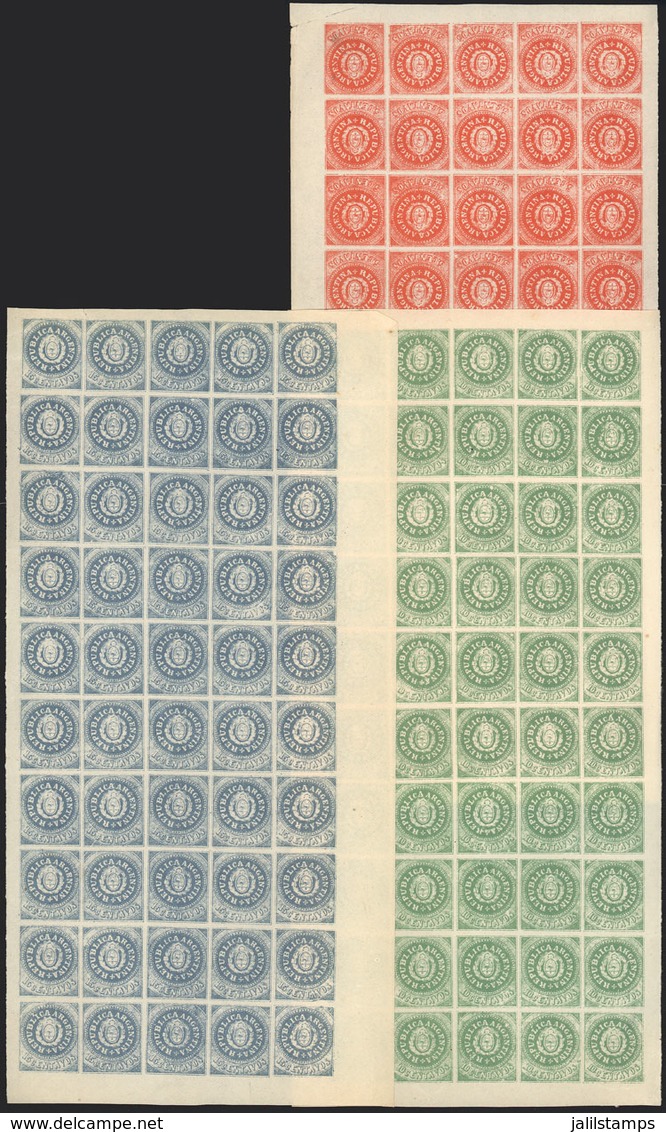 ARGENTINA: Lange Reprints: COMPLETE SHEETS Of 50 Stamps Of The 3 Values, Unmounted (5 Stamps In Each Sheet With Hinge Ma - Other & Unclassified