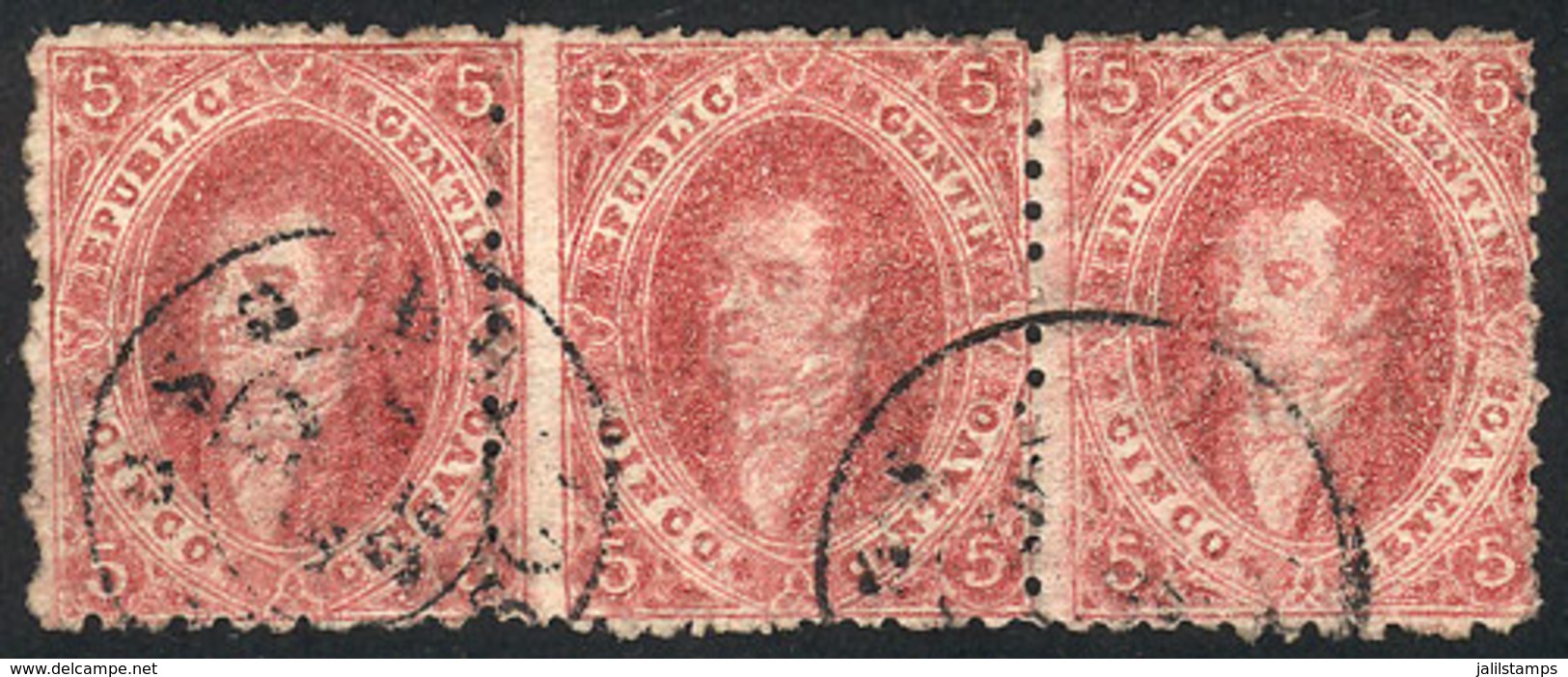 ARGENTINA: GJ.25, 4th Printing, Beautiful Strip Of 3 With VARIETY: The Vertical Perf Between The 1st And 2nd Stamp Is Sh - Unused Stamps
