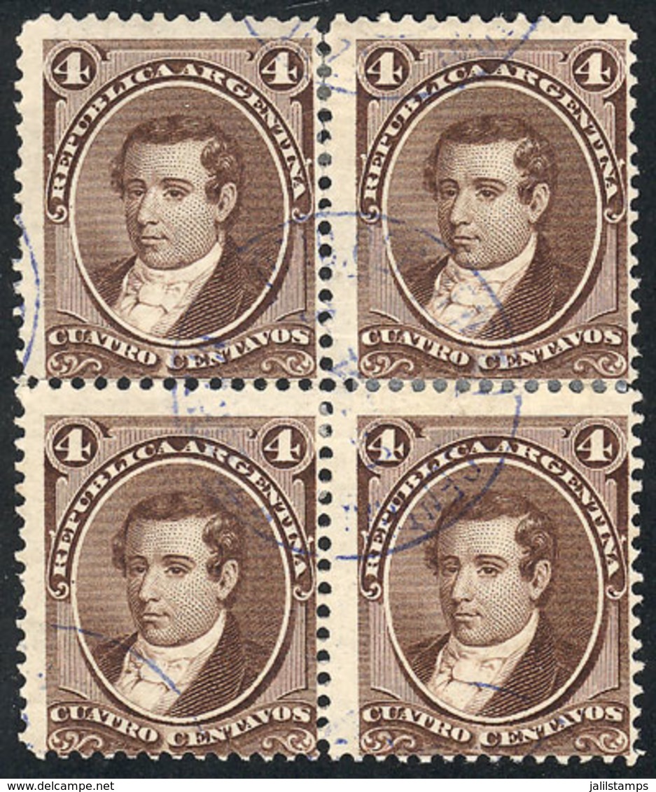 ARGENTINA: GJ.36, 4c. Moreno, Block Of 4 Used With Interesting Blue Cancel, VF - Other & Unclassified