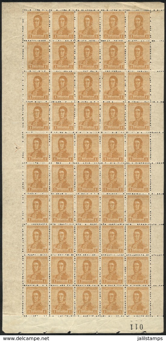 ARGENTINA: GJ.465, 1918 1c. San Martín Unwatermarked, Perforation 13¼, Rare COMPLETE SHEET Of 50 Stamps, VERTICAL Format - Other & Unclassified