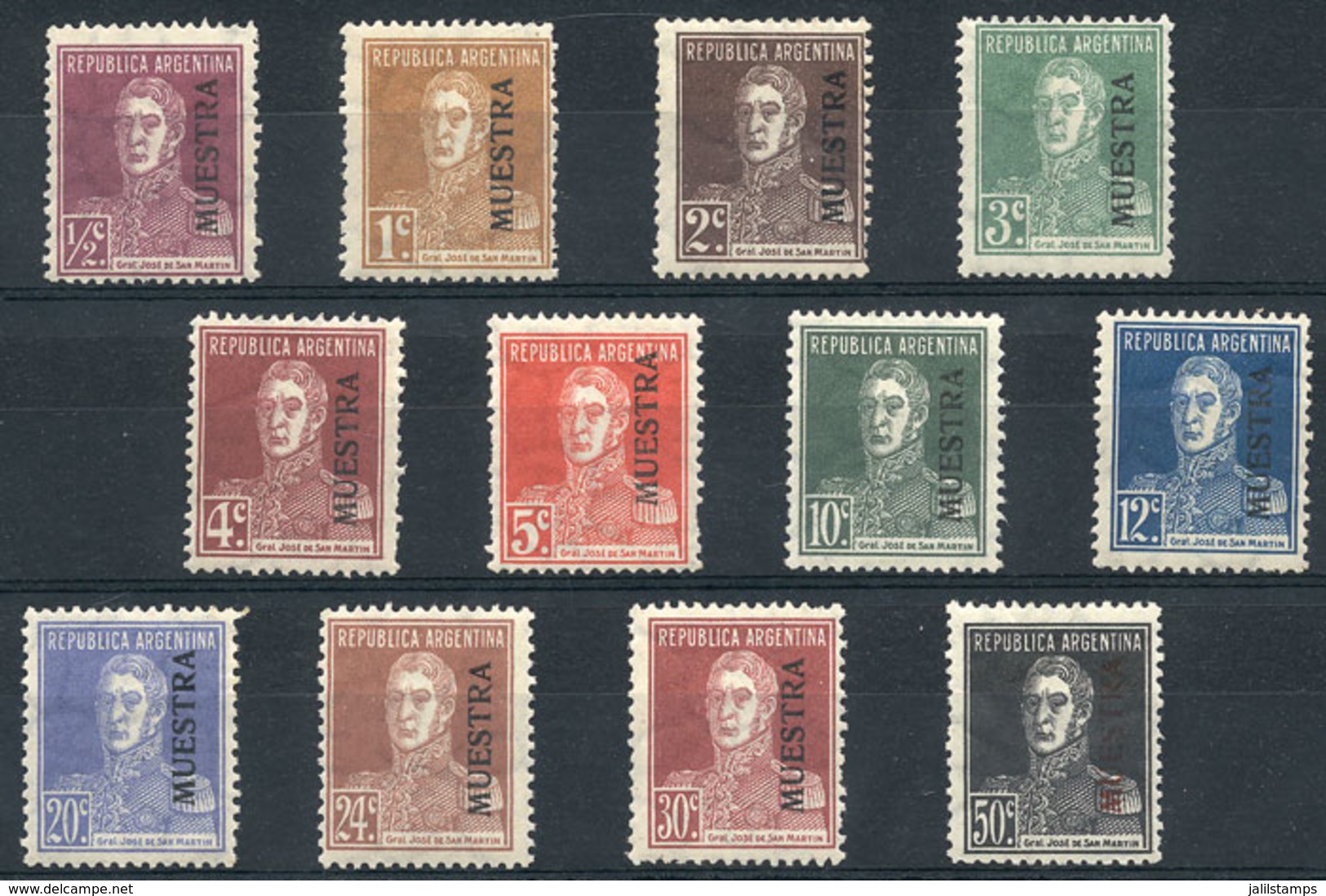 ARGENTINA: GJ.562/573, 1923 San Martín With Period (some Perforation Can Be 13½), The Complete Set Of 12 Values With MUE - Other & Unclassified