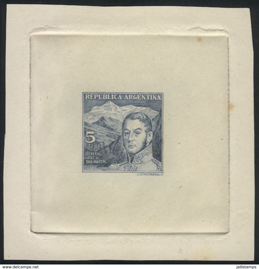 ARGENTINA: Die Essay Of An Unadopted Design, 5c. San Martin And The Andes, Shaded Sky, Printed In Blue On Card, VF Quali - Altri & Non Classificati