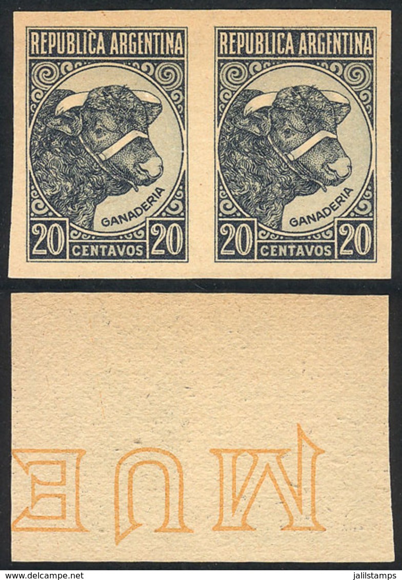 ARGENTINA: GJ.874, 1942 20c. Bull, PROOF In The Adopted Color, Imperforate Pair Printed On Yellowish Paper For Specimens - Other & Unclassified