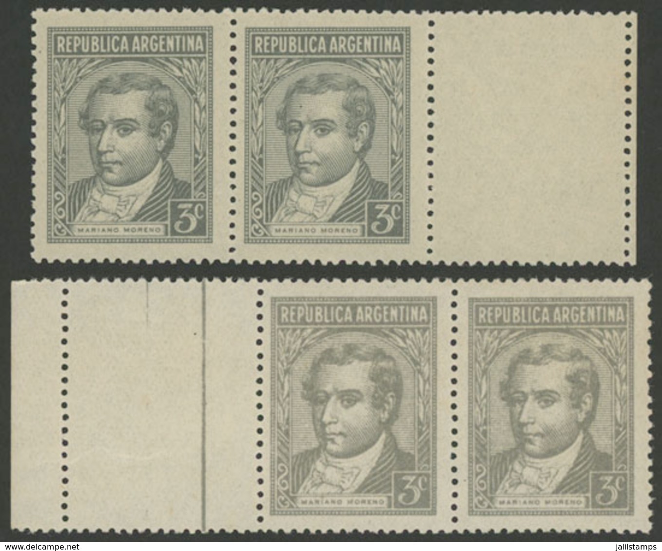 ARGENTINA: GJ.889CDB + 889CZ, 1942/52 3c. Moreno, Unwatermarked, With Right White Label And Label At Left With Vertical  - Other & Unclassified