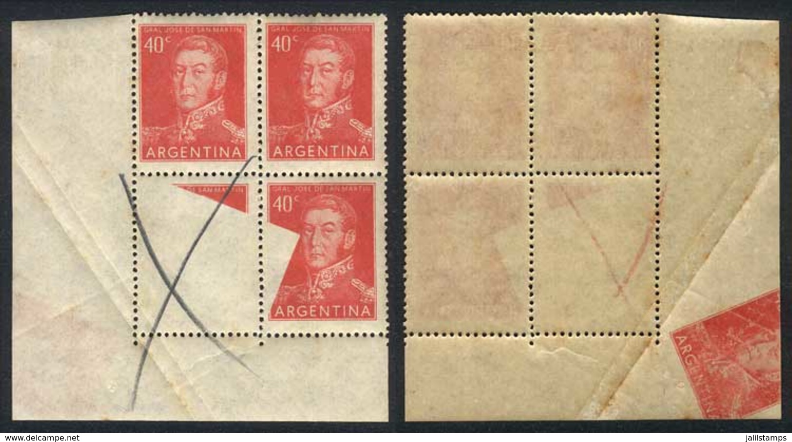 ARGENTINA: GJ.1041, Fantastic Corner Block Of 4 With Variety: One Stamp Almost Completely Unprinted Due To Pre-printing  - Other & Unclassified