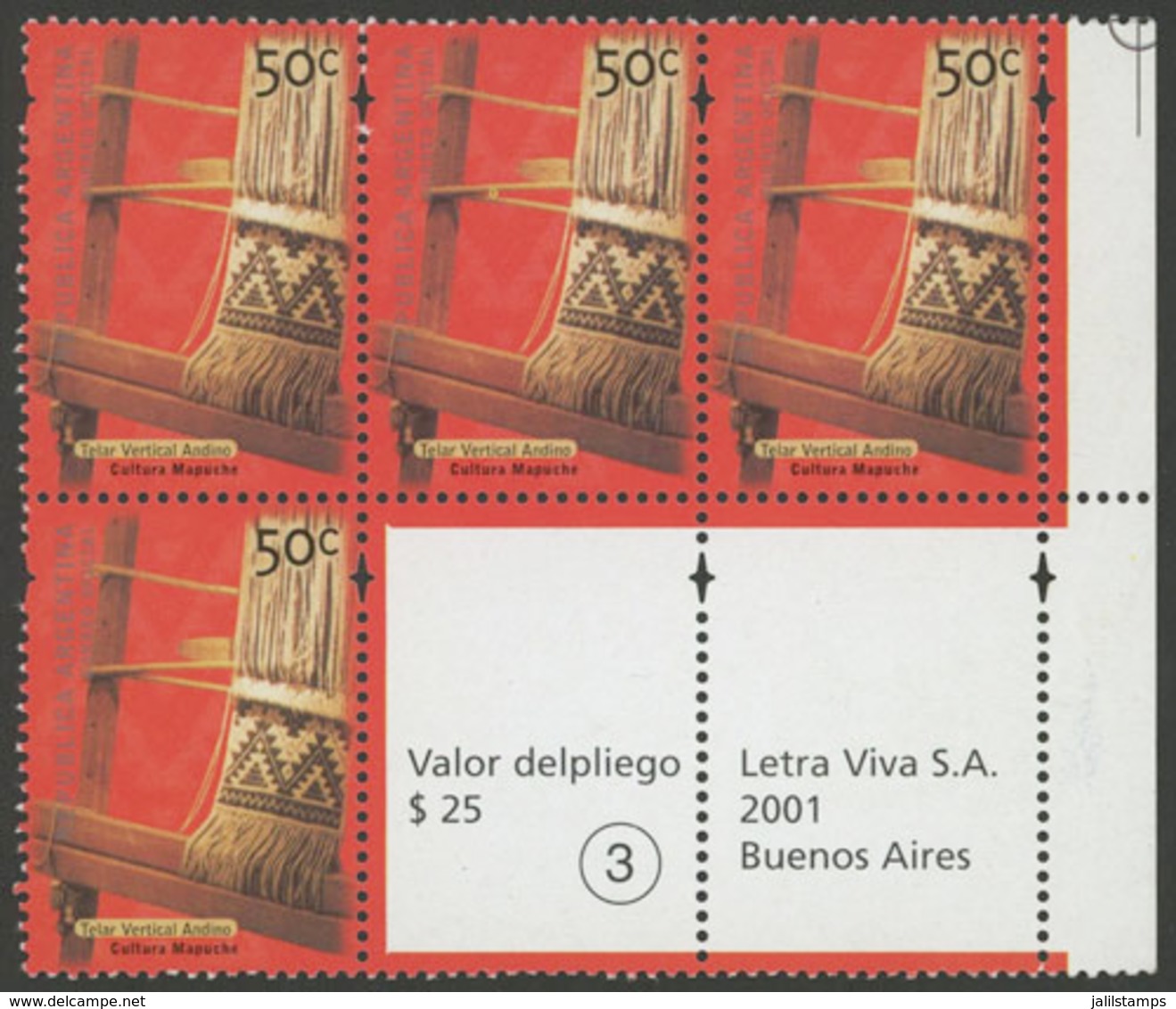 ARGENTINA: GJ.3091bCO2, 2000/8 50c. Indegenous Cultures, Block Of 4 Stamps + 2 Labels, VF! - Sonstige & Ohne Zuordnung