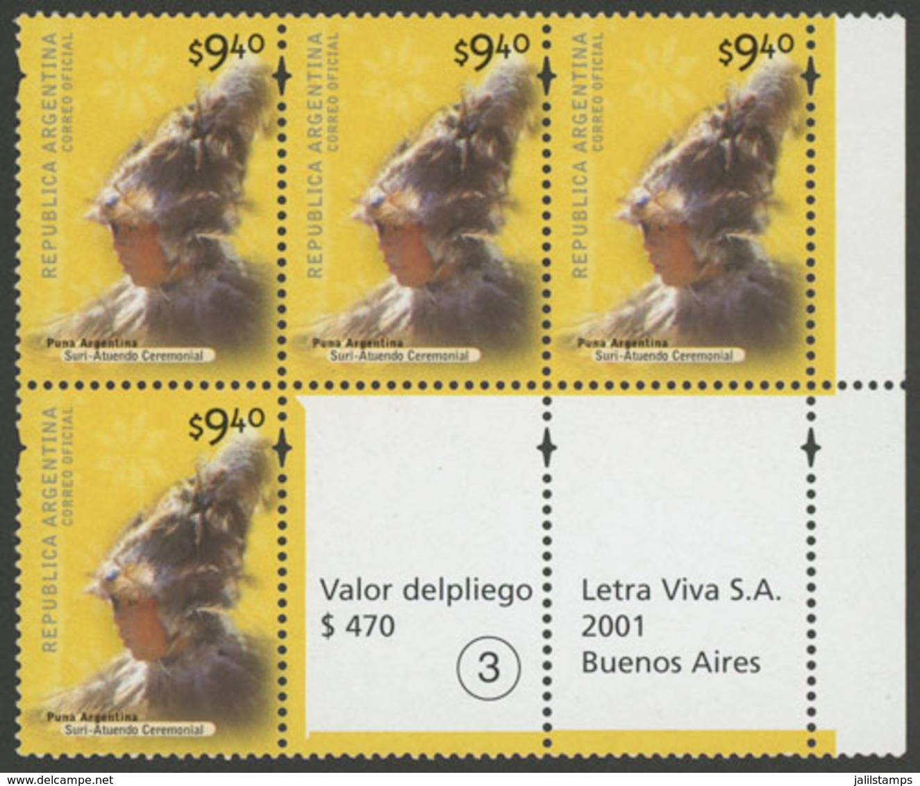 ARGENTINA: GJ.3098aCO2, 2000/8 9.40P. Indegenous Cultures, Block Of 4 Stamps + 2 Labels, VF! - Other & Unclassified