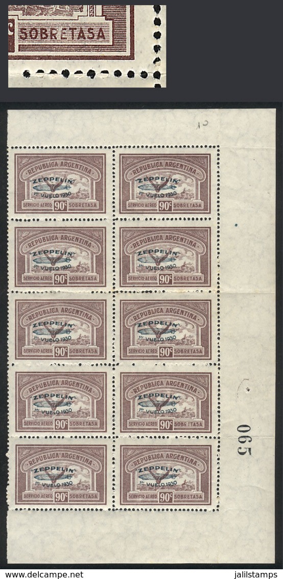 ARGENTINA: GJ.667, 1930 90c. Zeppelin With Green Overprint, Beautiful Block Of 10 (right Part Of The Sheet), One With Va - Airmail