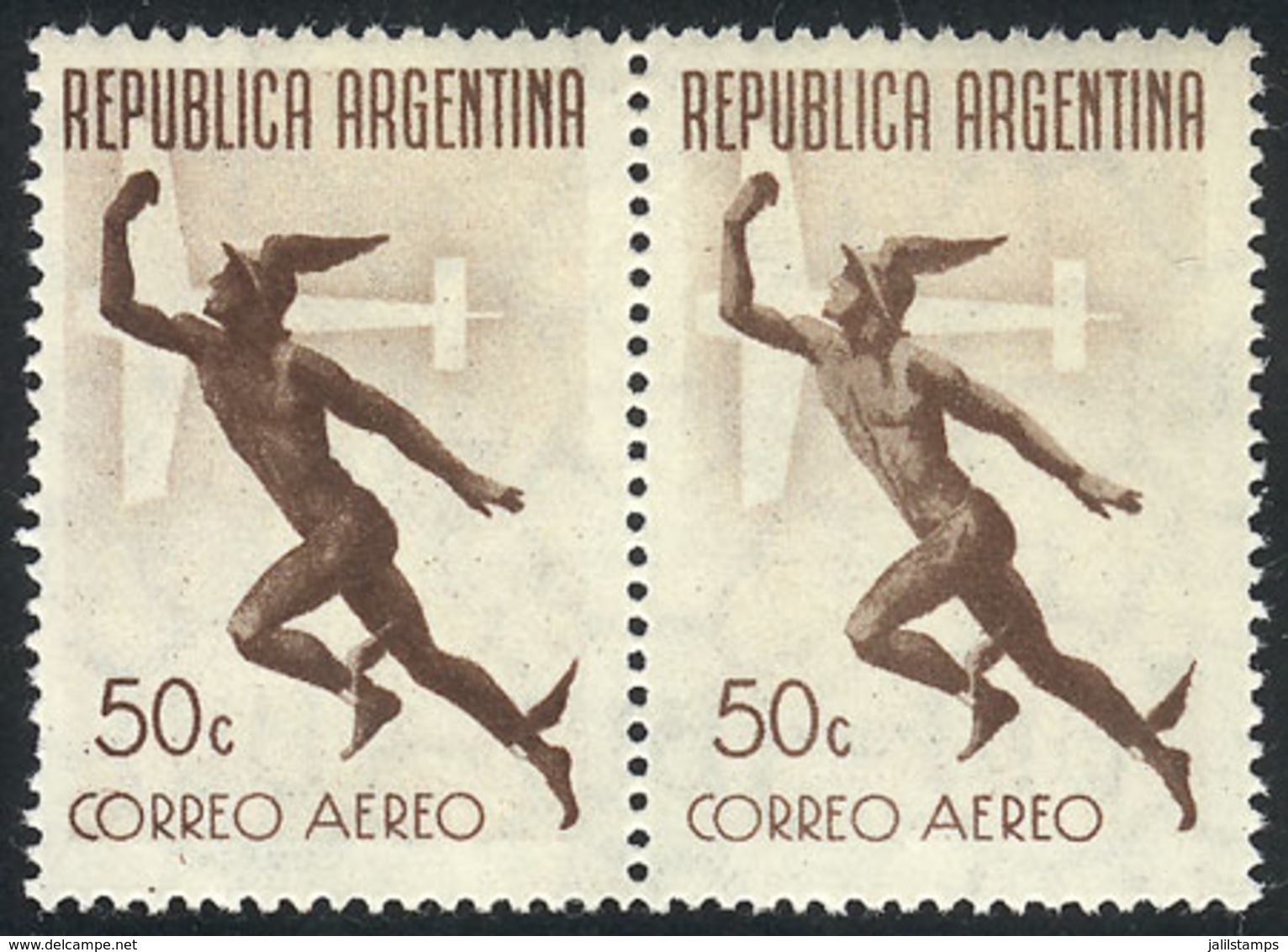 ARGENTINA: GJ.846, 1940 50c. Mercury And Airplane, Pair With VARIETY: Mercury Is Much Darker In The Left Stamp, Excellen - Poste Aérienne