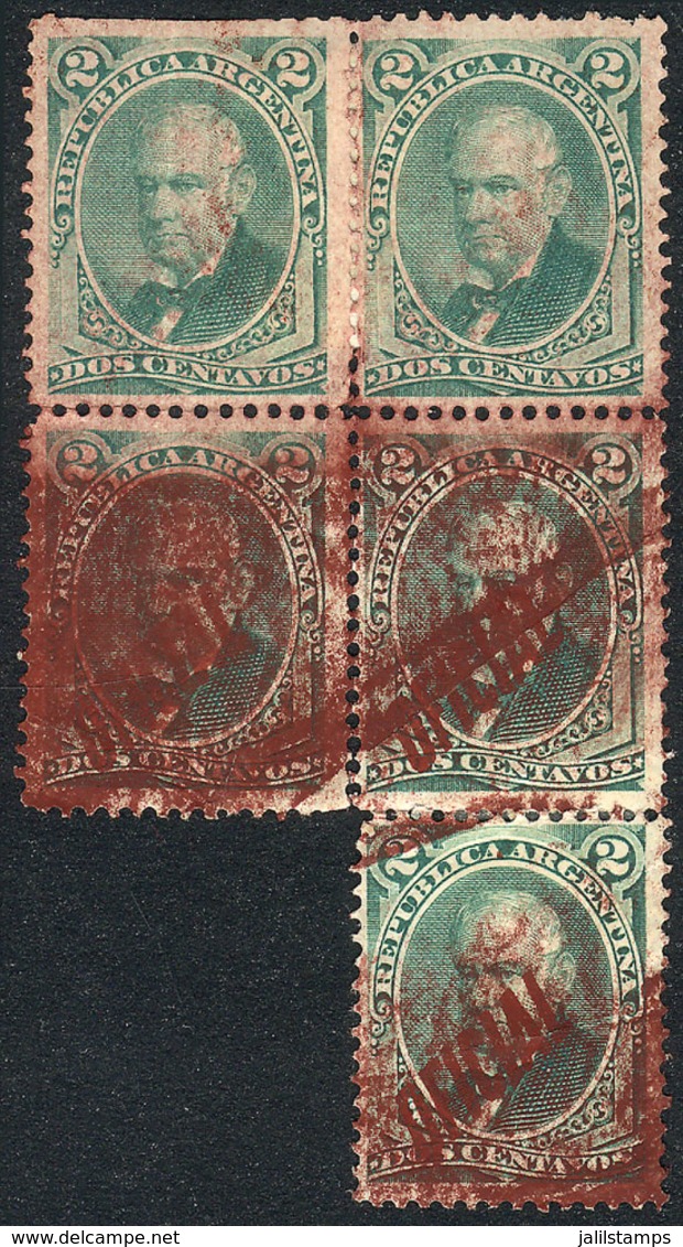 ARGENTINA: GJ.30a, 2c. Green With Red Overprint, Block Of 5 WITH And WITHOUT OVERPRINT, With Some Defects, Extremely Rar - Officials