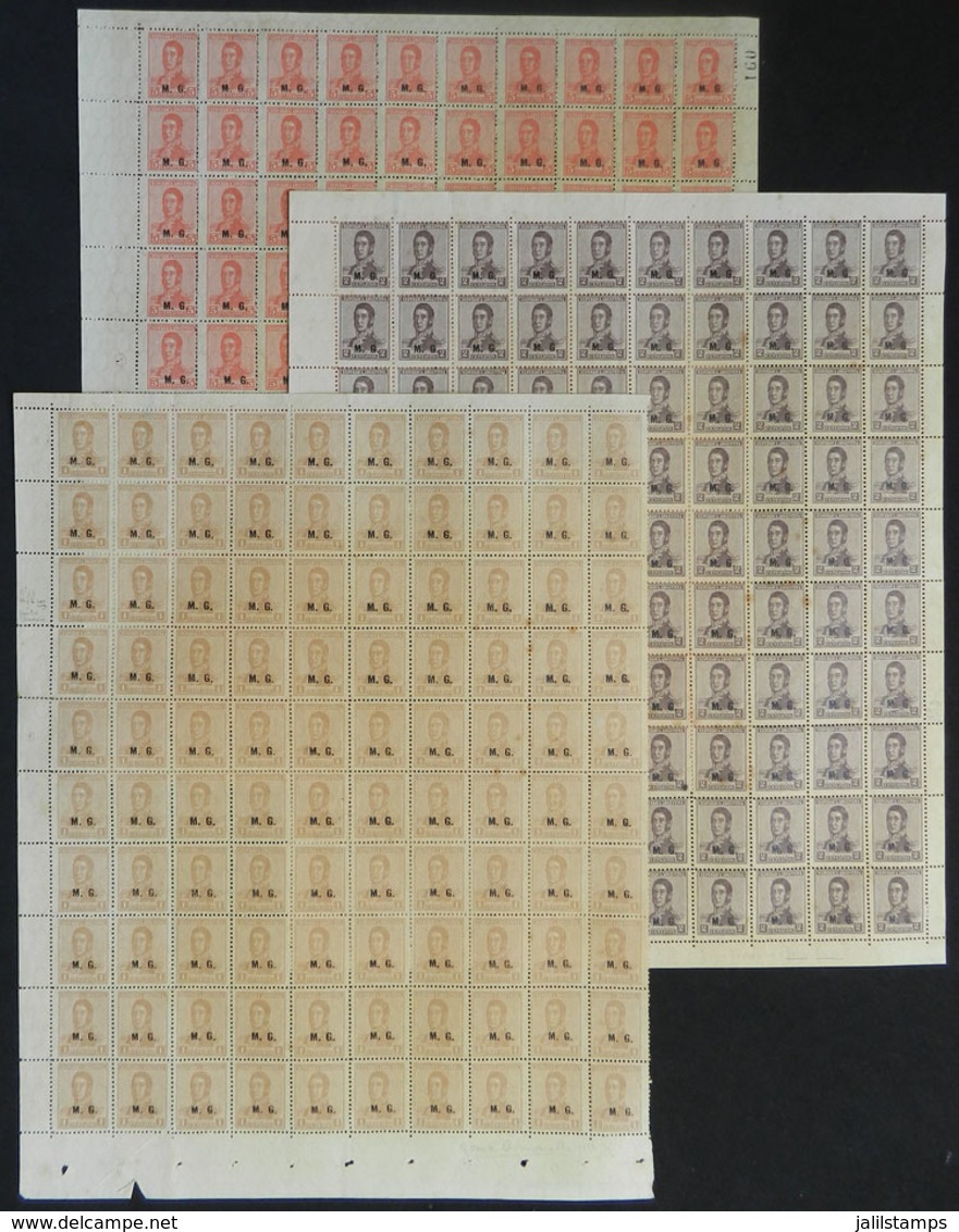 ARGENTINA: GJ.143/145, 1917 San Martín With Honeycomb Wmk And Perf 13½x12½, COMPLETE SHEETS Of 100 Stamps (right Sheet M - Officials