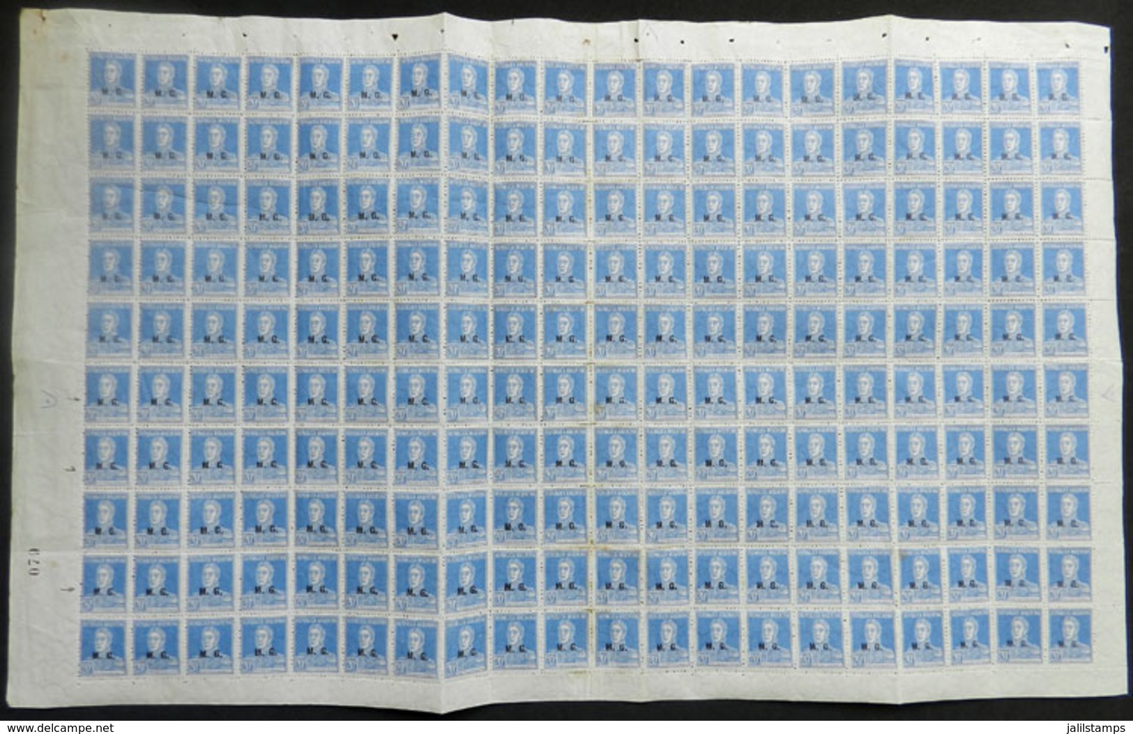 ARGENTINA: GJ.177, 1923 20c. San Martín With Period, COMPLETE SHEET Of 200 Stamps, Including Some Overprint Varieties, M - Officials