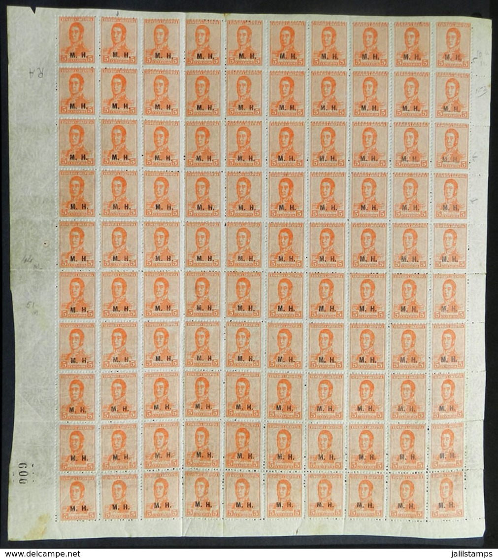ARGENTINA: GJ.241, 1920 5c. San Martín With Multimple Suns Wmk, Perf 13½x12½, COMPLETE SHEET Of 100 Stamps, Mint With Gu - Dienstmarken