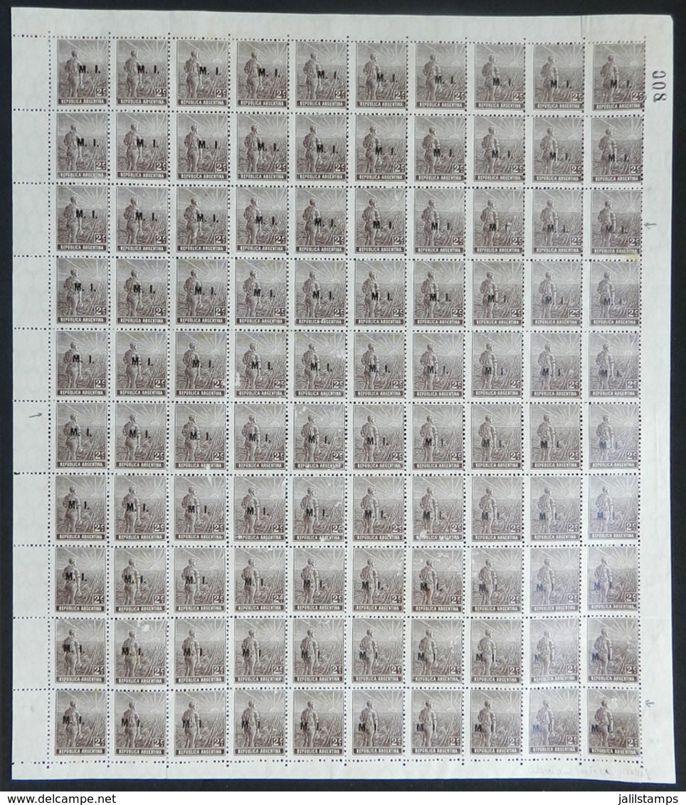 ARGENTINA: GJ.285, 1912 2c. Plowman On German Paper, Vertical Honeycomb Wmk, COMPLETE SHEET Of 100 Stamps, Mint No Gum,  - Dienstmarken