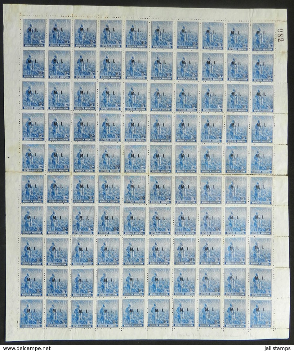 ARGENTINA: GJ.287, 1912 12c. Plowman On German Paper, Vertical Honeycomb Wmk, COMPLETE SHEET Of 100 Stamps, Mint No Gum, - Dienstmarken