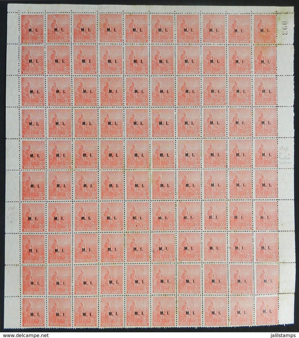 ARGENTINA: GJ.289, 1915 5c. Plowman On Italian Paper, COMPLETE SHEET Of 100 Stamps (lower Sheet Margin Missing), Mint No - Dienstmarken