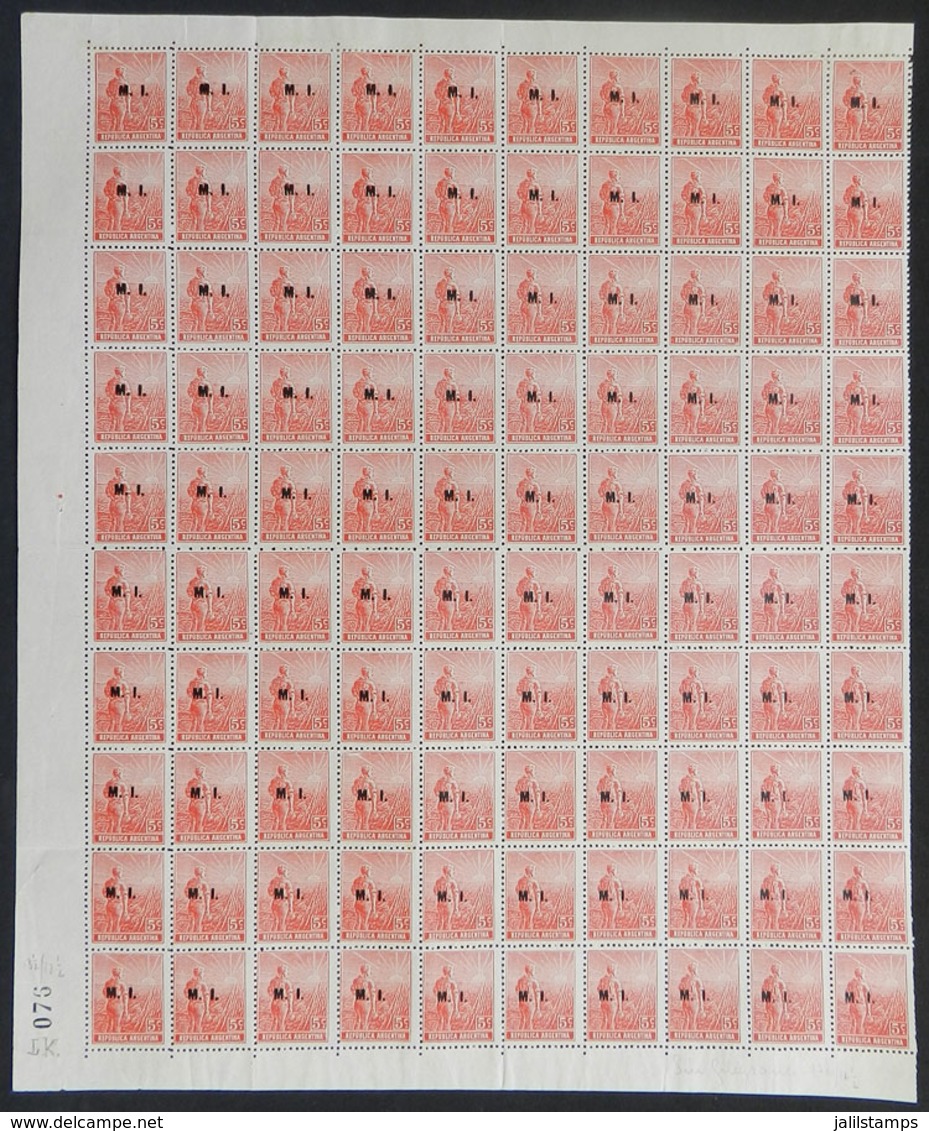 ARGENTINA: GJ.293, 1915 5c. Plowman, On Unwatermarked French Paper, COMPLETE SHEET Of 100 Stamps (right Sheet Margin), M - Dienstmarken