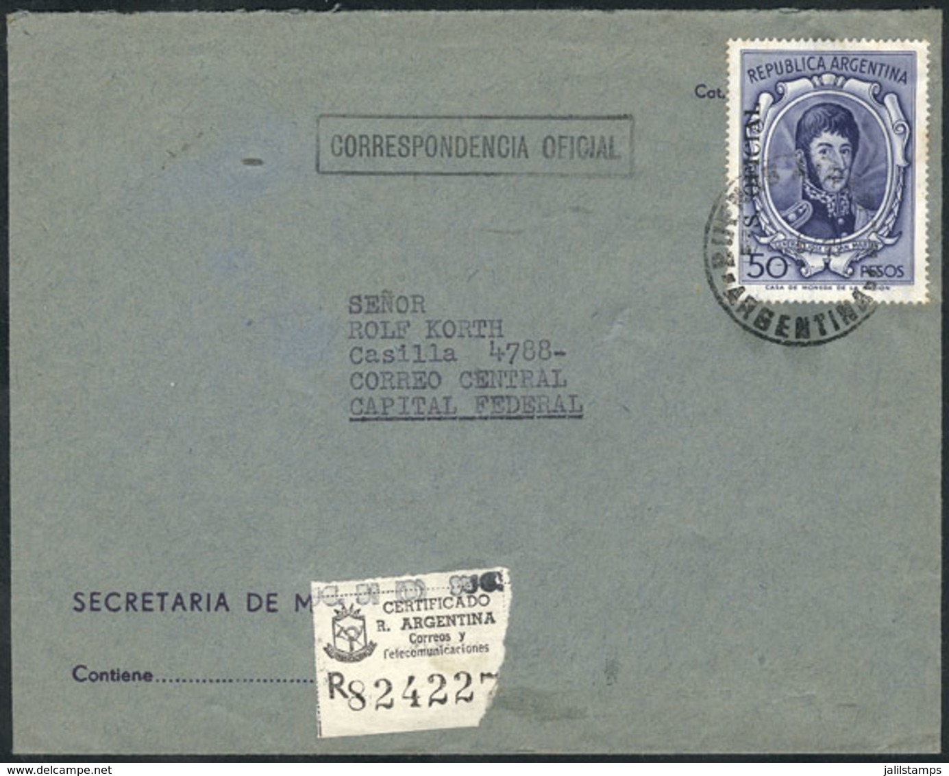 ARGENTINA: Registered Cover Used In Buenos Aires On 7/OC/1967, Franked By GJ.776 ALONE, Very Fine Quality, Extremely Rar - Dienstmarken