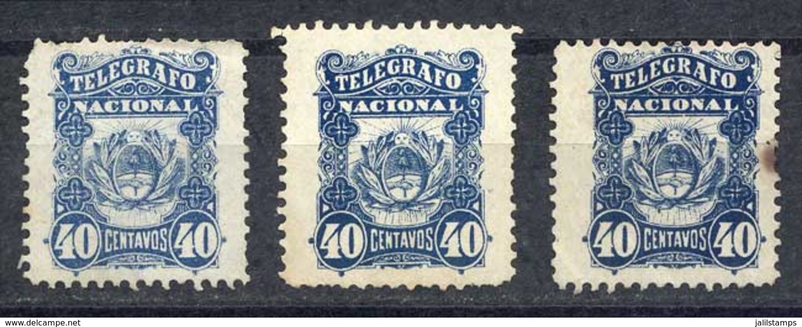 ARGENTINA: GJ.3, 1887 40c. Type A Unwatermarked, 3 Examples In Light Blue, Blue And Dark Blue (the Latter With Little De - Telegraphenmarken