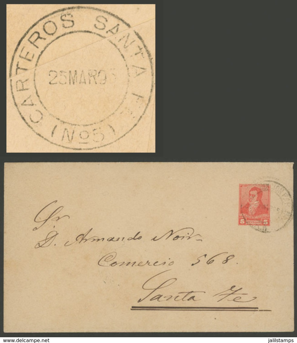 ARGENTINA: 5c. Stationery Envelope Sent From Paraná To Santa Fe On 25/MAR/1895, With A Rare Mark On Back: CARTEROS - SAN - Other & Unclassified