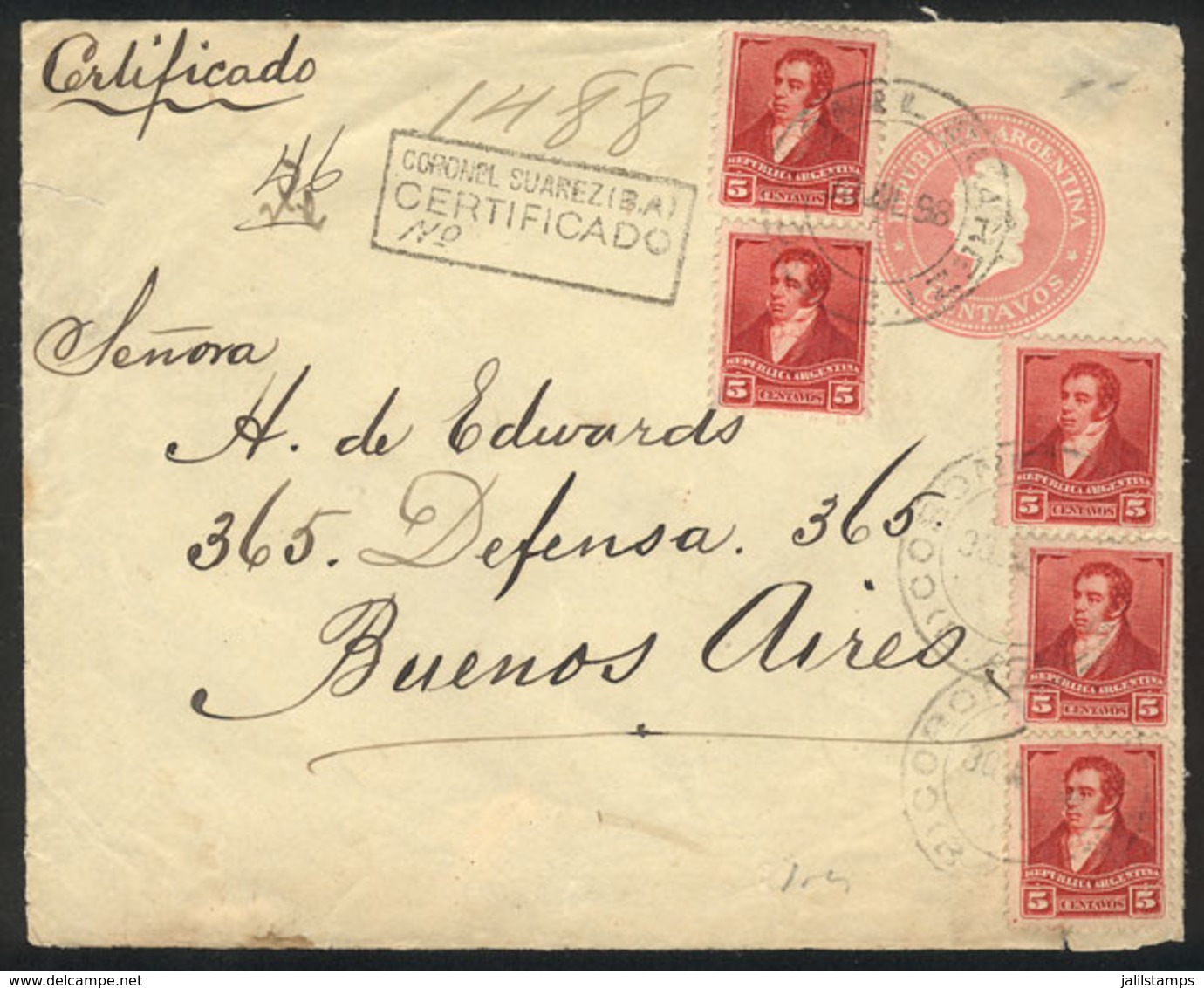 ARGENTINA: Front Of A 5c. Liberty Stationery Envelope  + 5x 5c. Rivadavia Of 1899, Sent By Registered Mail From CORONEL  - Sonstige & Ohne Zuordnung