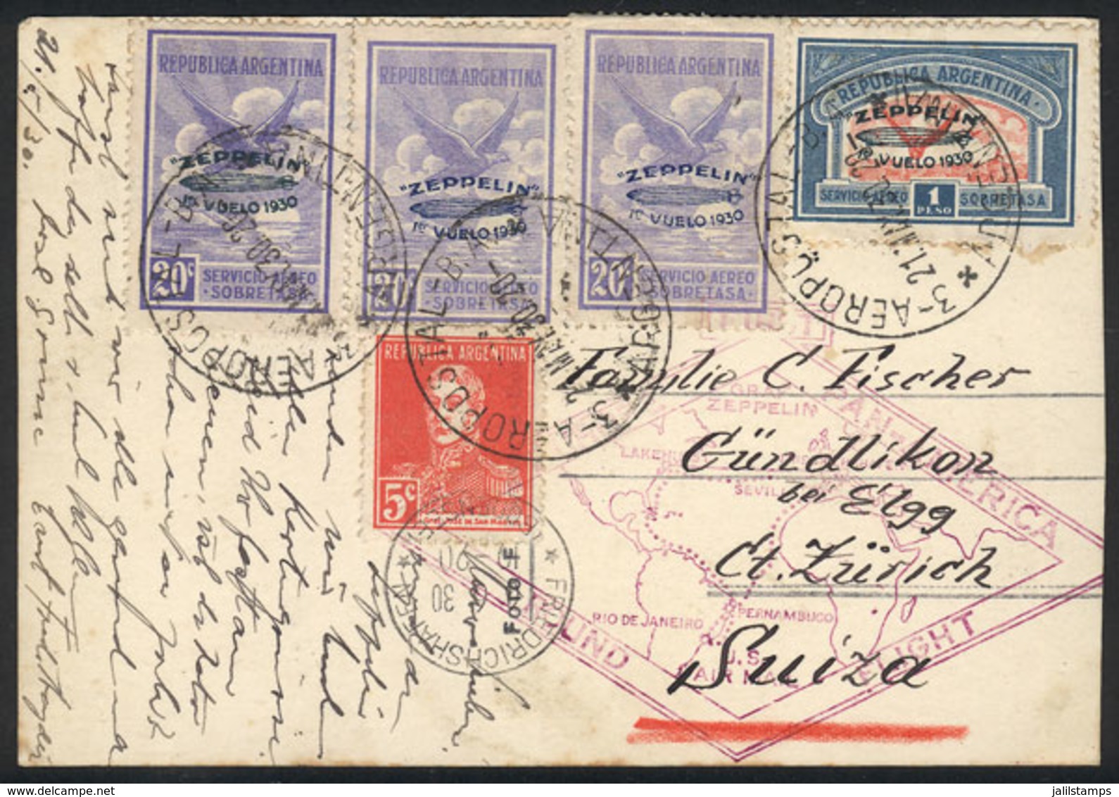 ARGENTINA: PC Sent By ZEPPELIN From Buenos Aires To Switzerland On 21/MAY/1930 With Good Postage, Special Violet Handsta - Sonstige & Ohne Zuordnung