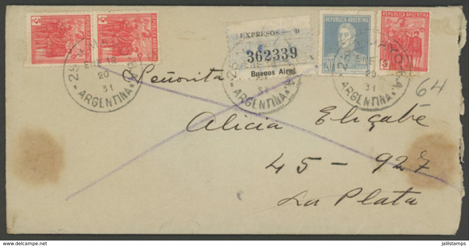 ARGENTINA: Express Cover (including The Original Letter) Sent From 25 DE MAYO To La Plata On 20/JA/1931 Franked With 35c - Sonstige & Ohne Zuordnung