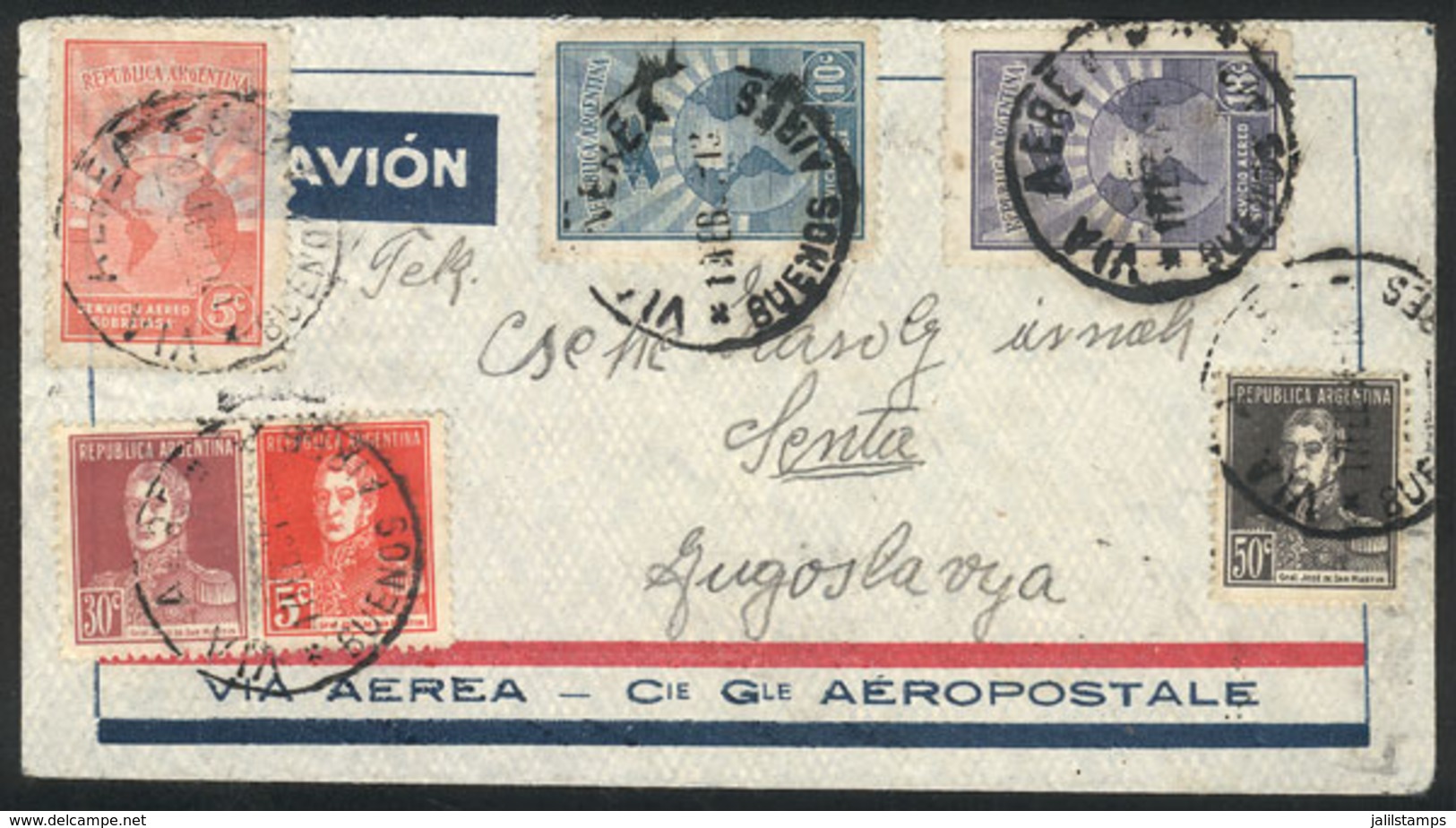 ARGENTINA: Airmail Cover Sent From B.Aires To Yugoslavia On 17/FE/1934 Via France, Very Colorful Postage (6 Different St - Other & Unclassified