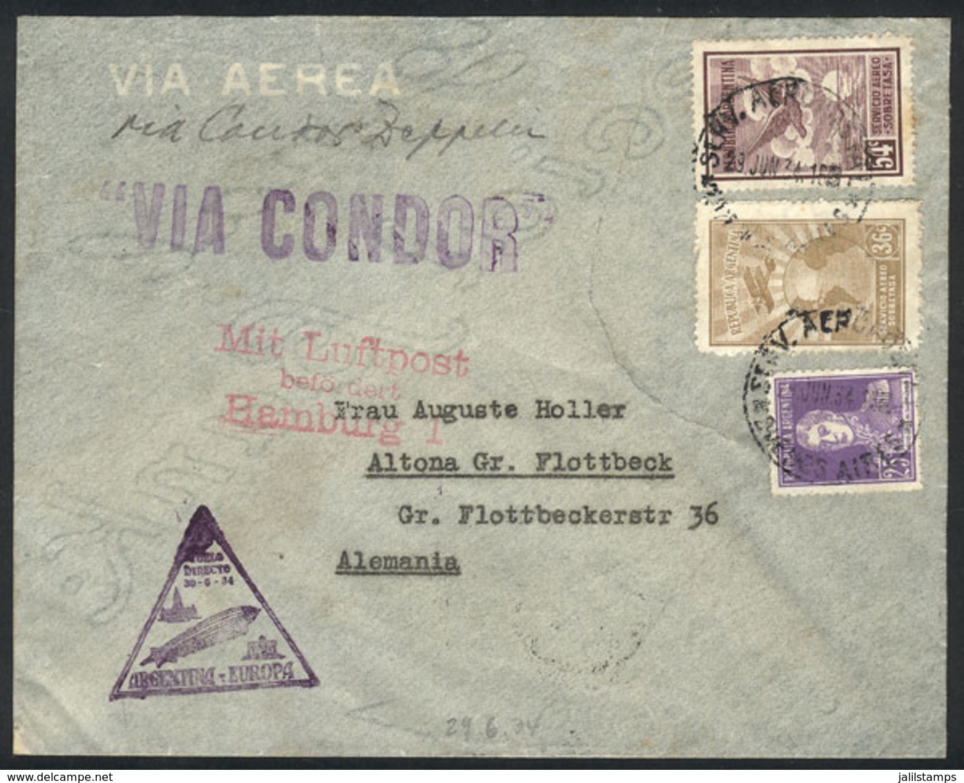 ARGENTINA: Cover Flown By Zeppelin, Sent To Germany On 29/JUN/1934, With Arrival Backstamp Of Friedrichshafen 6/JUL, Ver - Other & Unclassified