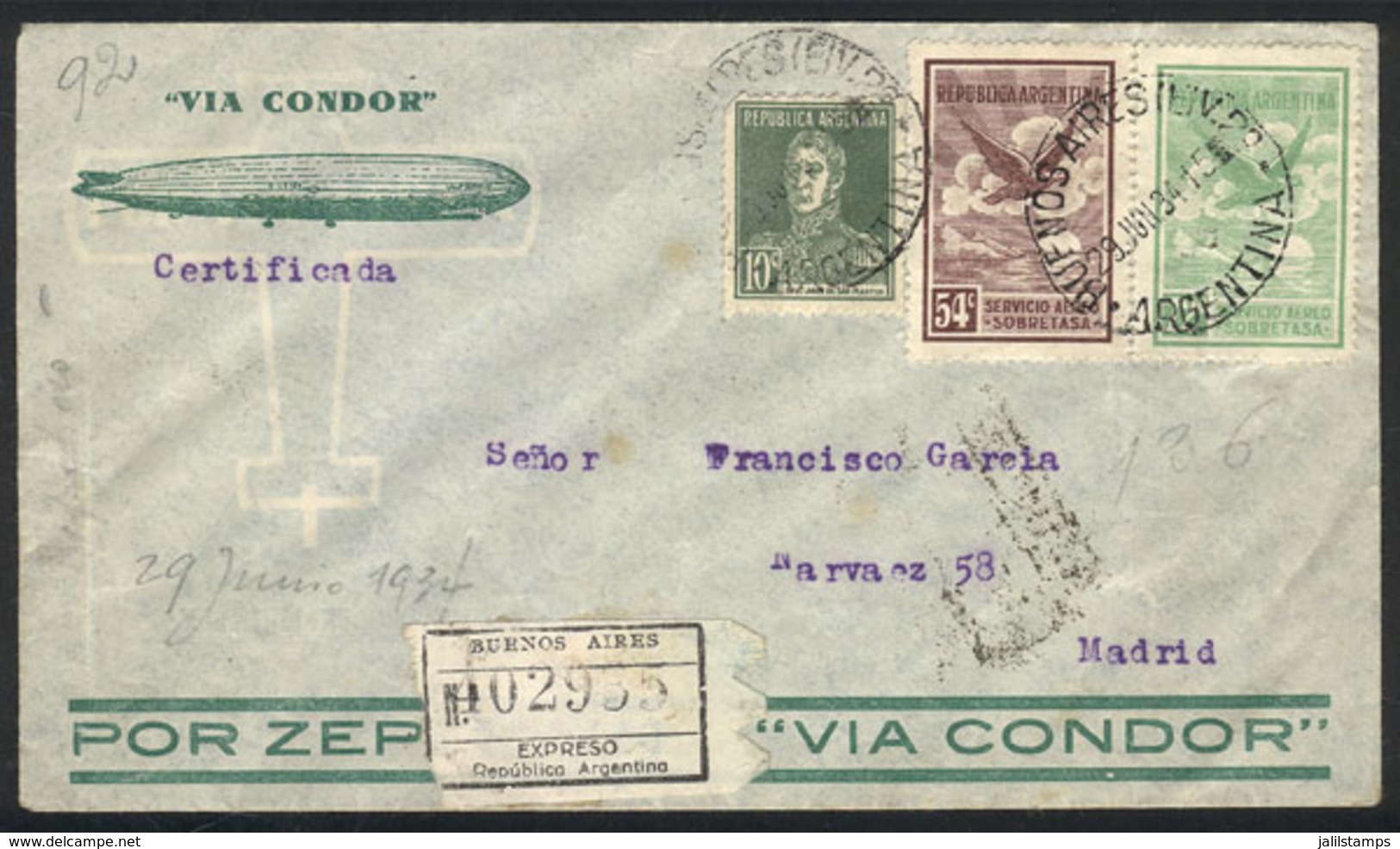 ARGENTINA: Registered Airmail Cover Sent From B.Aires To Spain On 29/JUN/1934 Franked With 1.36P., With Transit Backstam - Sonstige & Ohne Zuordnung