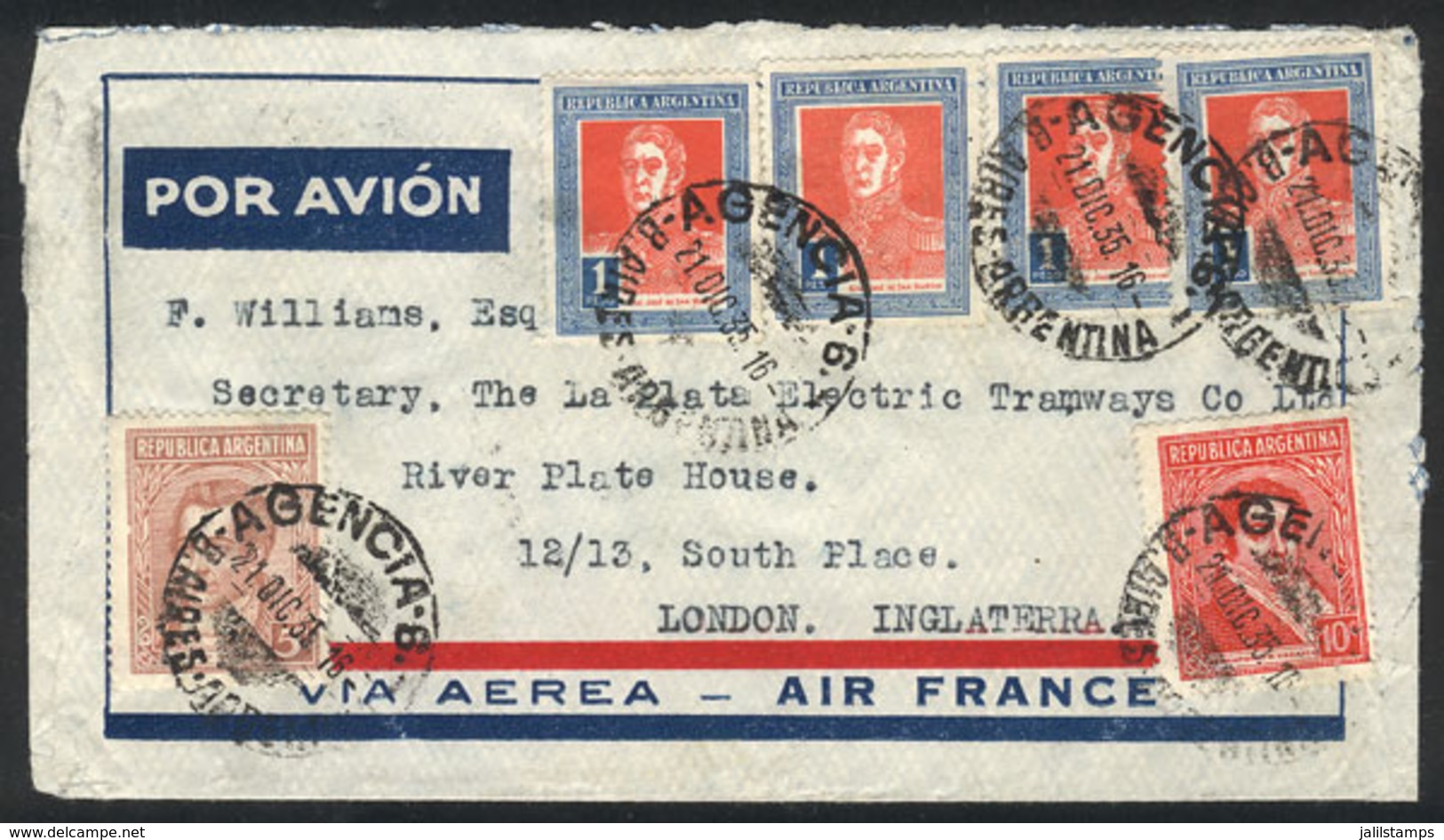 ARGENTINA: Airmail Cover Sent To England On 21/DE/1935 Franked With 4.15P. Combining Stamps From The Issues San Martín A - Other & Unclassified