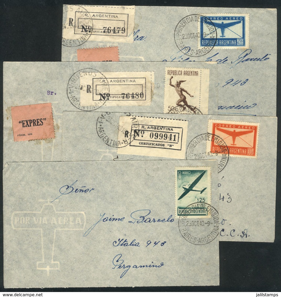 ARGENTINA: 4 Covers Flown On 23/OC/1940 (first Day Of Issue) Franked With Stamps Of The Set Issued That Day, VF Quality! - Sonstige & Ohne Zuordnung