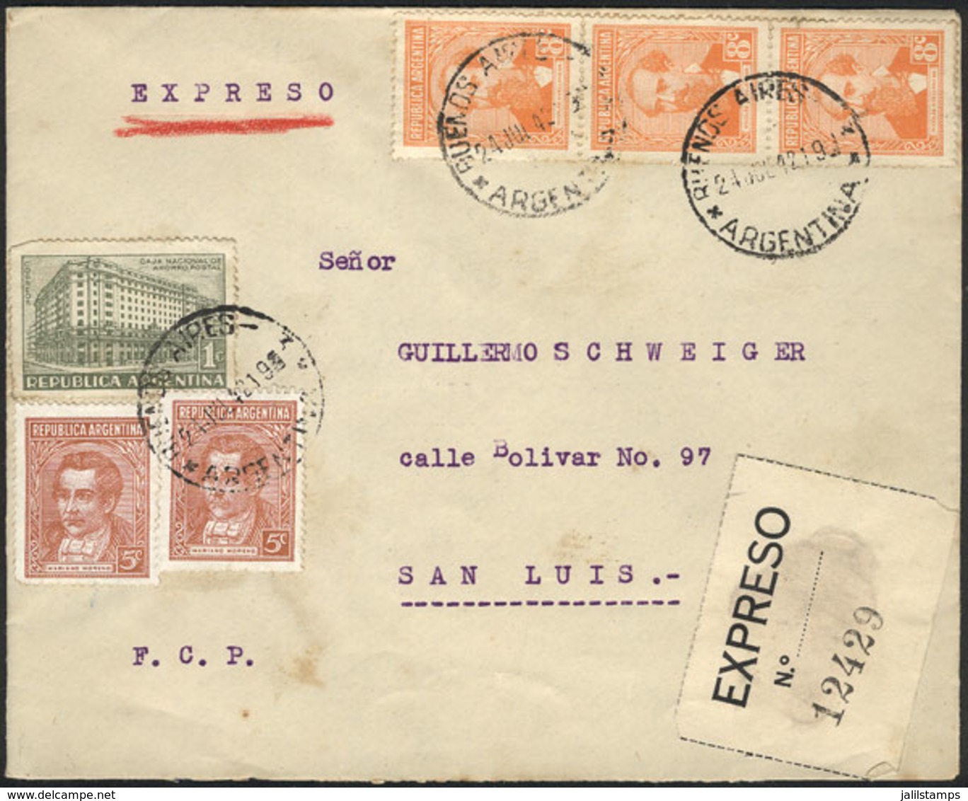 ARGENTINA: Express Cover Sent From Buenos Aires To San Luis On 24/JUL/1942, With Nice Postage Of 35c., VF Quality! - Sonstige & Ohne Zuordnung