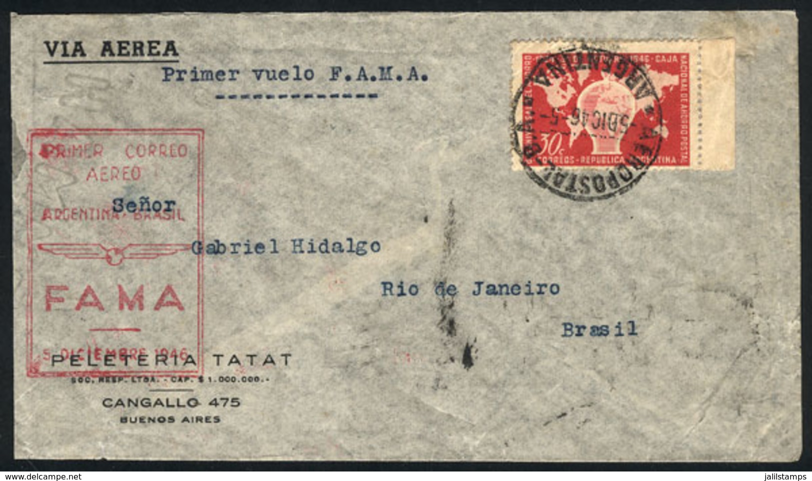 ARGENTINA: 5/DE/1946 Buenos Aires - Rio De Janeiro: FAMA First Airmail, Fine Quality! - Sonstige & Ohne Zuordnung
