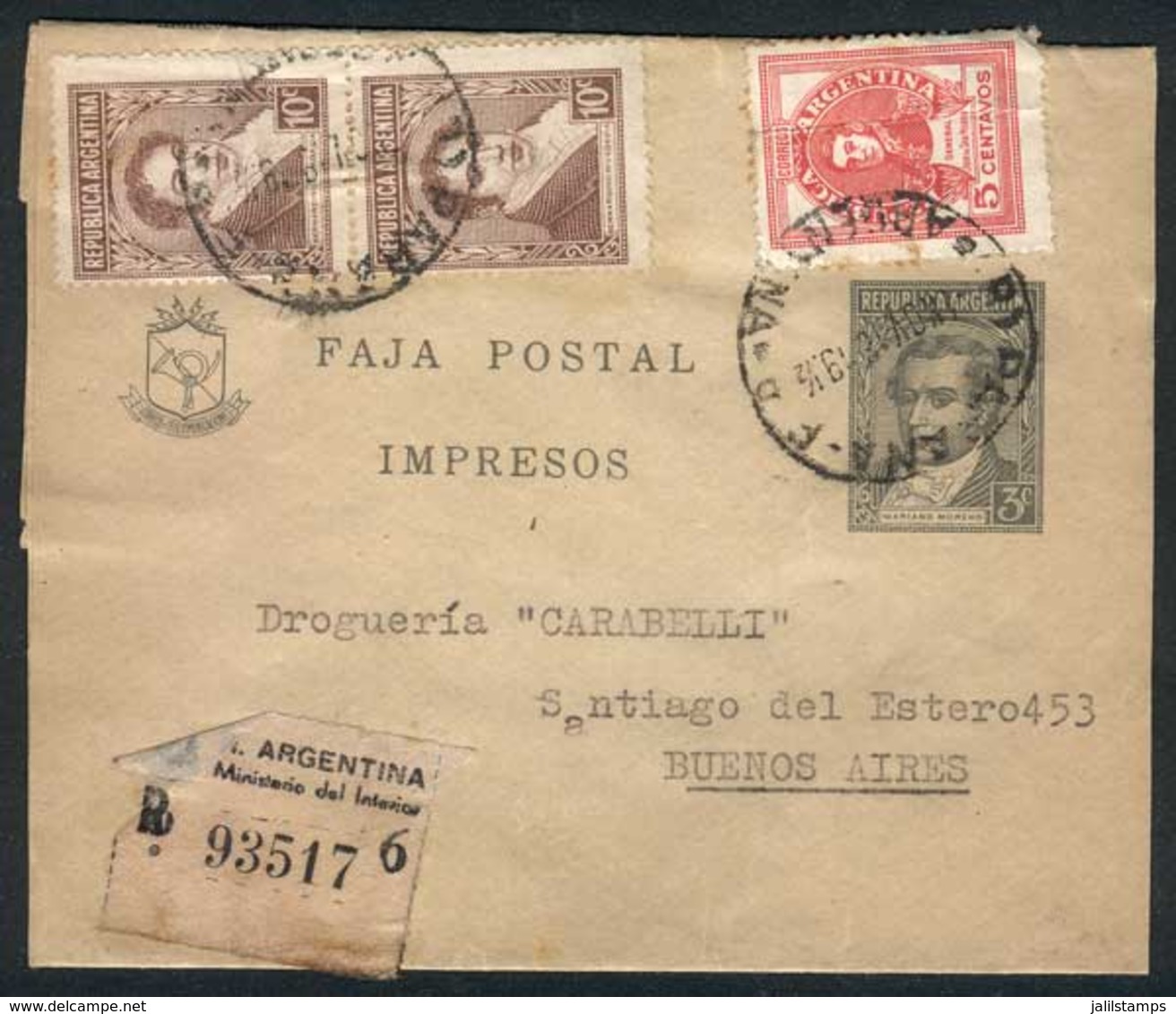 ARGENTINA: 3c. Moreno Wrapper Additionally Franked With 25c. To Pay The REGISTERED Postage From Paraná To Buenos Aires O - Sonstige & Ohne Zuordnung
