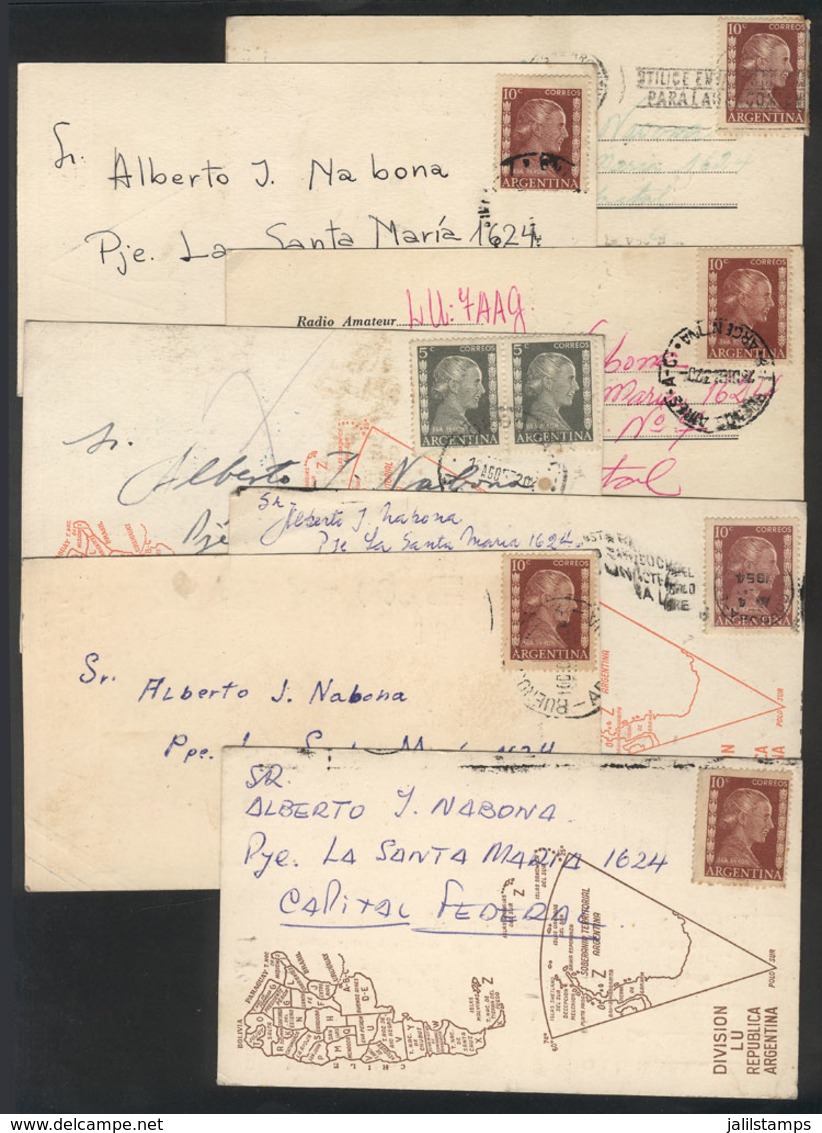 ARGENTINA: 7 QSL Cards Posted In 1953 And 1954, All Franked With 10c. (or Pair Of 5c.) Of The EVA PERÓN Issue, Scarce! - Sonstige & Ohne Zuordnung