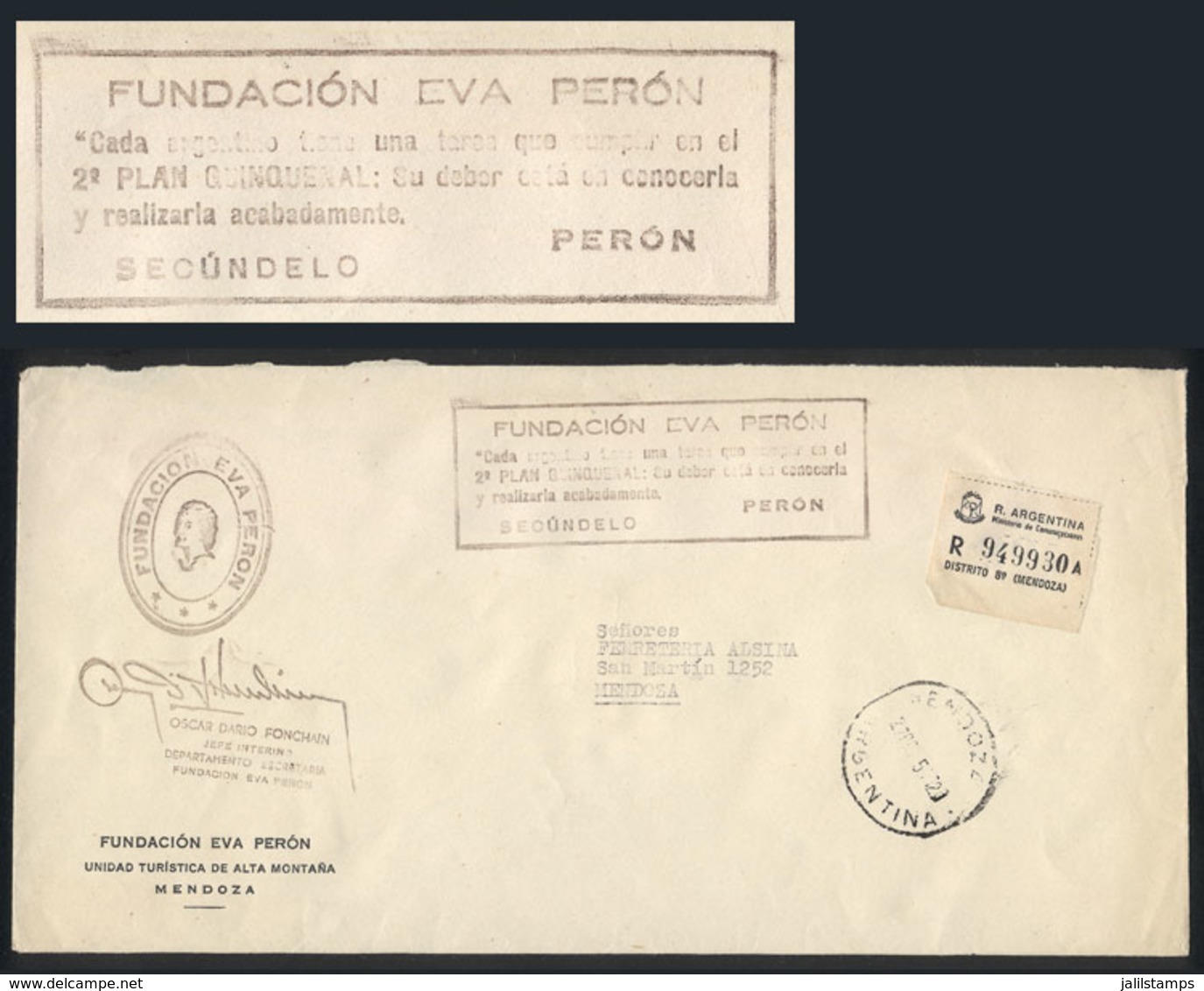 ARGENTINA: Registered Cover Used In Mendoza On 27/OC/1954 With Postal Franchise Of The EVA PERÓN FOUNDATION, With Rectan - Sonstige & Ohne Zuordnung