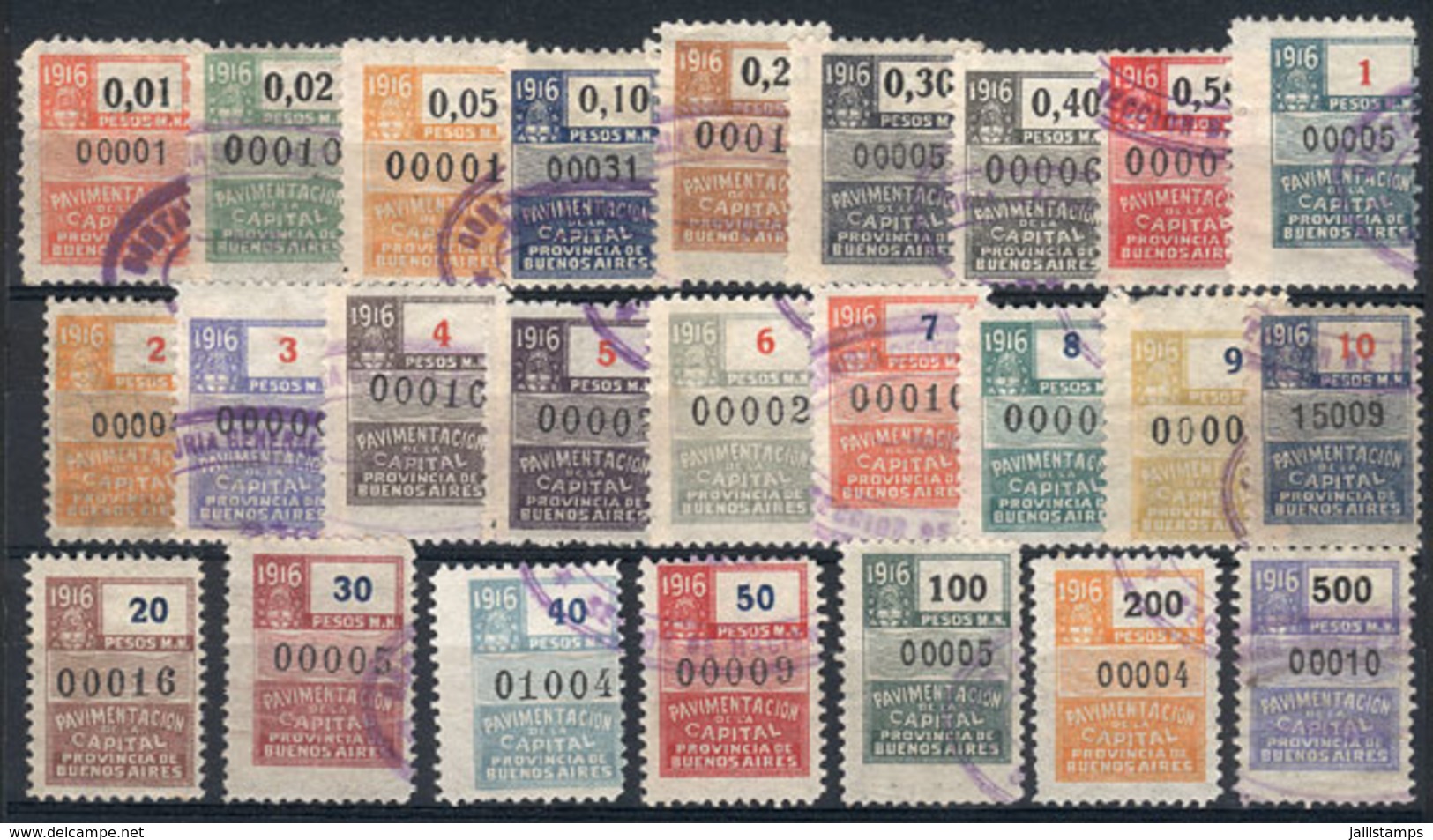 ARGENTINA: Province Of Buenos Aires, PAVIMENTACIÓN: Year 1916, Complete Set Of 25 Values Between 1c. And 500P., Very Fin - Other & Unclassified