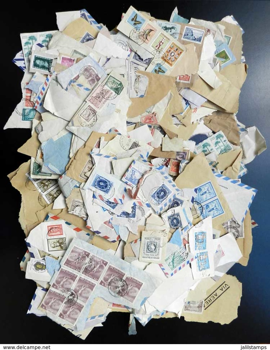 ARGENTINA: Large Box With TENS OF THOUSANDS Of Stamps On Fragments Of Covers, Also Including Stamps Of Other Countries.  - Collections, Lots & Series