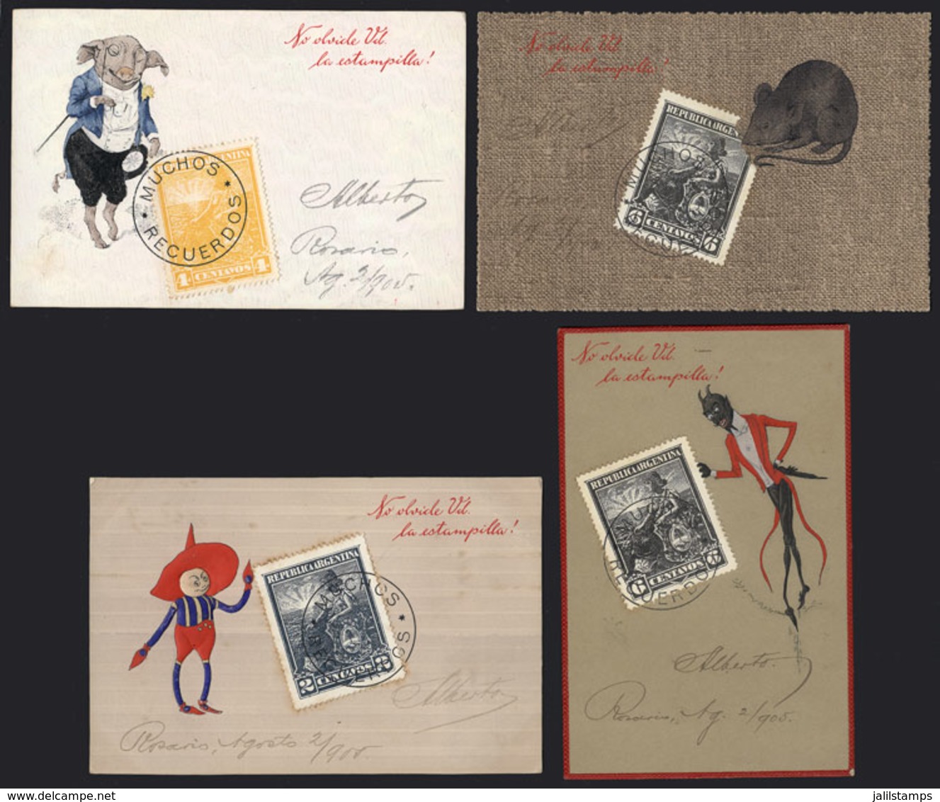 ARGENTINA: 4 Beautiful And Very Rare PCs Edited By G.B.Pedrocchi, All With Reproductions Of Stamps From The Issue Seated - Argentina