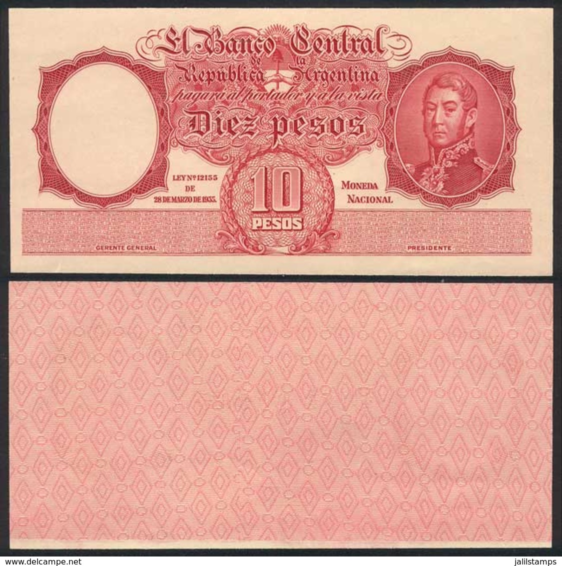 ARGENTINA: Proof Of The Front Side Of A Bank Note Of 10P. Moneda Nacional, Excellent Quality, Rare! - Argentina
