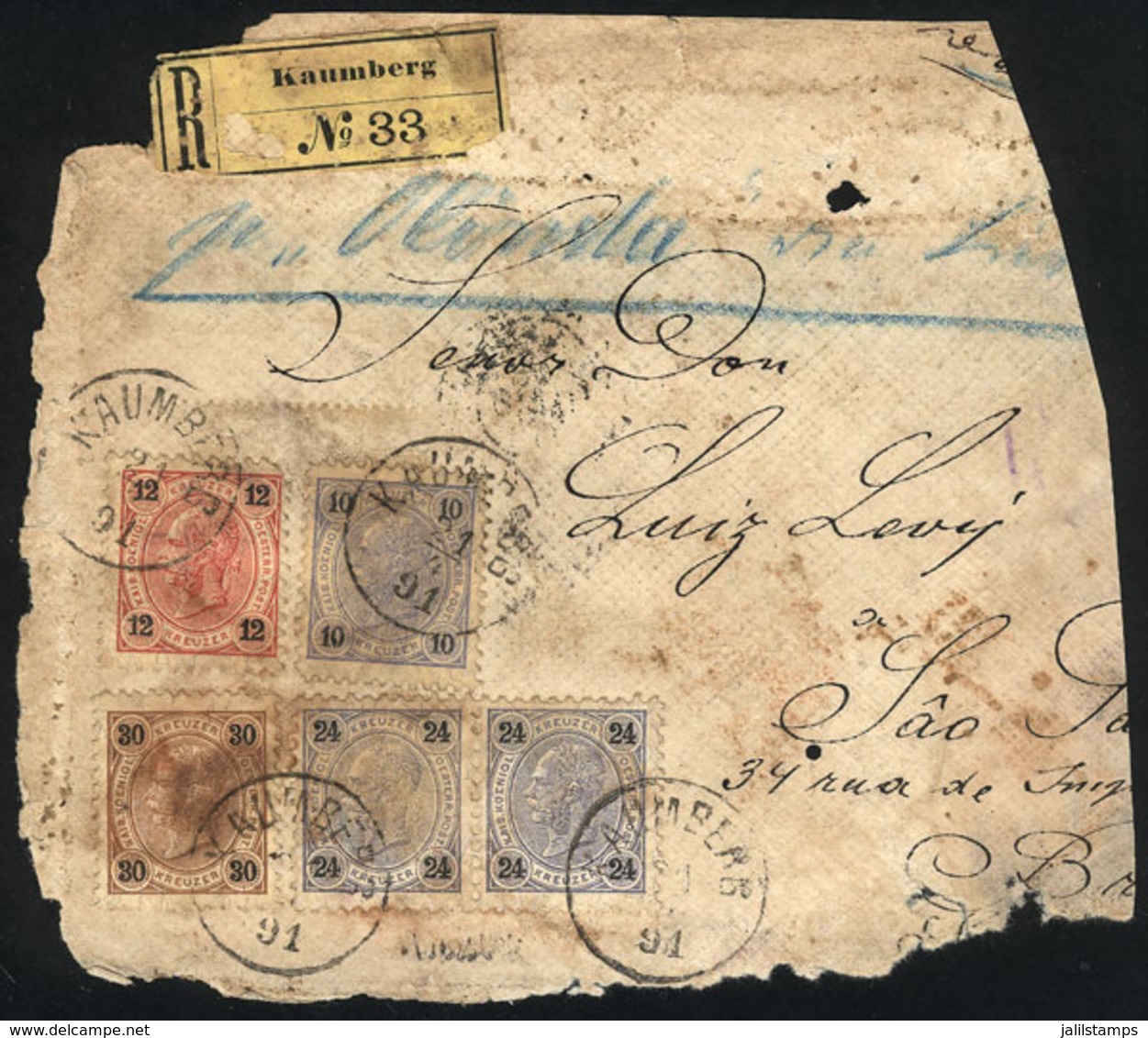 AUSTRIA: Large Fragment Of The Front Of A Registered Cover Sent From Kraumberg To Brazil On 21/AP/1891 With Spectacular  - Other & Unclassified