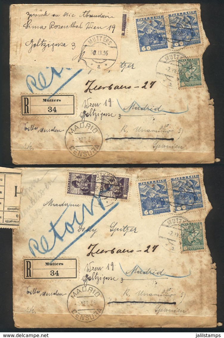 AUSTRIA: Registered Cover Sent From Mutters To Madrid (Spain) On 2/SE/1936, It Ws Forwarded To TETUAN, Censored, And Ret - Sonstige & Ohne Zuordnung