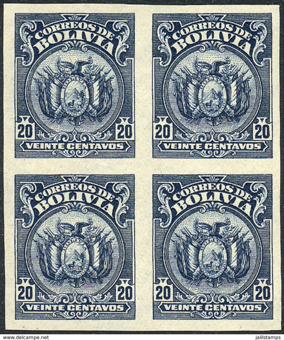BOLIVIA: Sc.132, 1923/7 20c. Blue, IMPERFORATE BLOCK OF 4, Very Fine Quality! - Bolivie