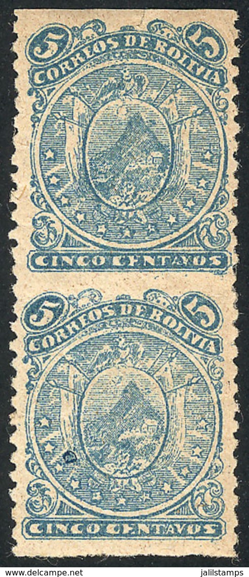 BOLIVIA: Scott 37a, 1893 5c. Coat Of Arms, Lithographed, Pair Imperforate Horizontally, Minor Defect, Good Appearance, R - Bolivia