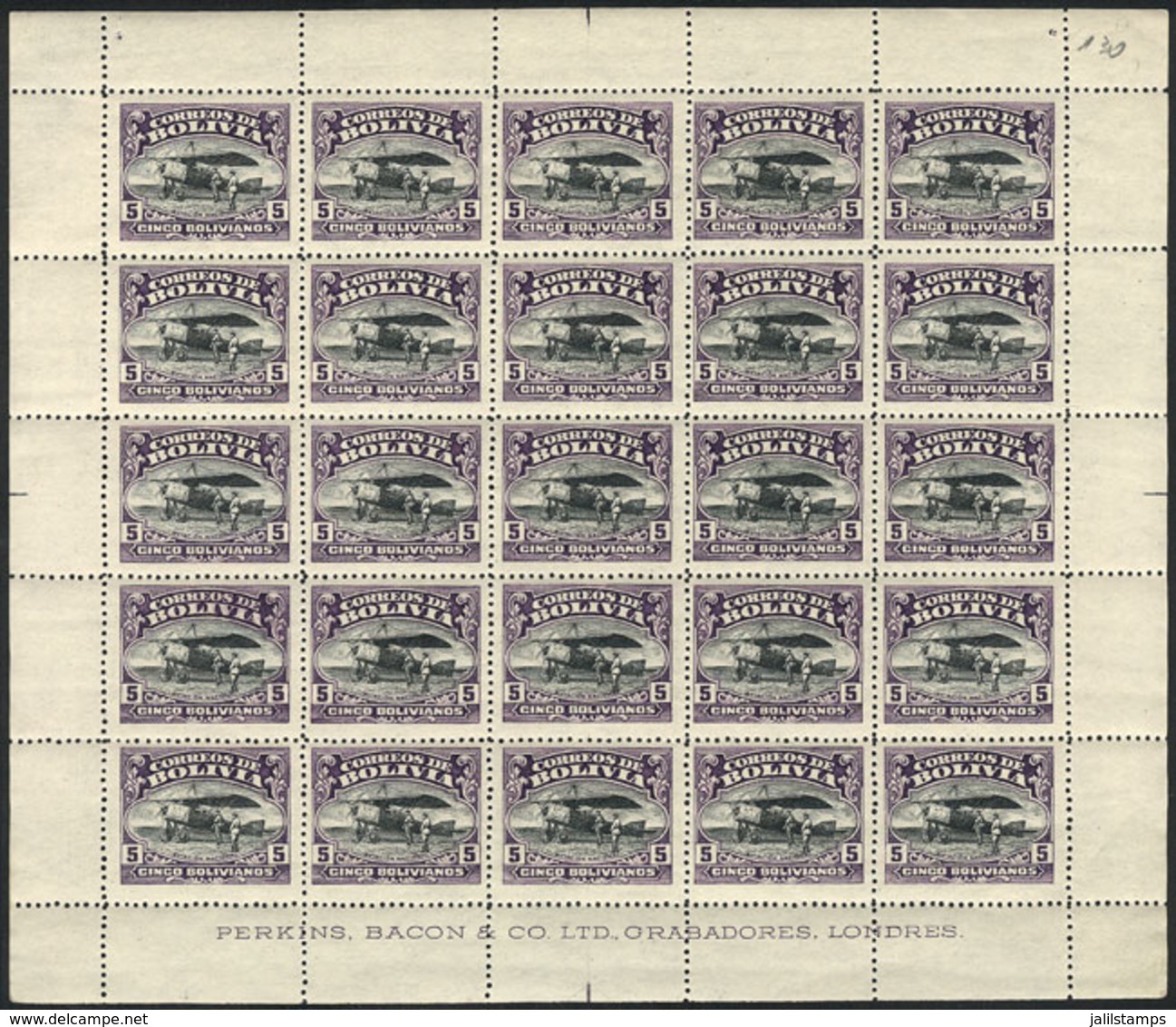 BOLIVIA: Sc.C5/C7, 1925 Military Aviation School, The 3 High Values Of The Set, COMPLETE SHEETS Of 25 Examples Each, Unm - Bolivia