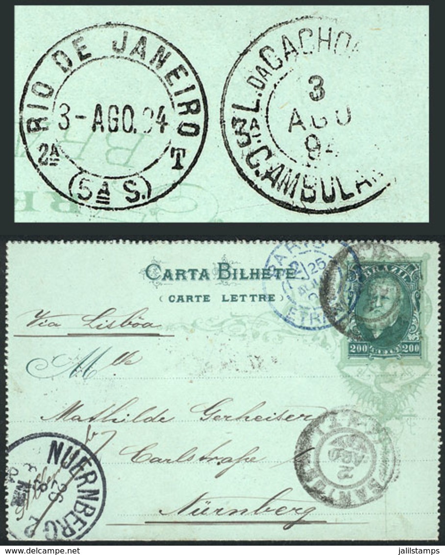 BRAZIL: RHM.CB-10, Lettercard Sent To Germany On 2/AU/1894, VF Quality, Interesting Cancels! - Postal Stationery